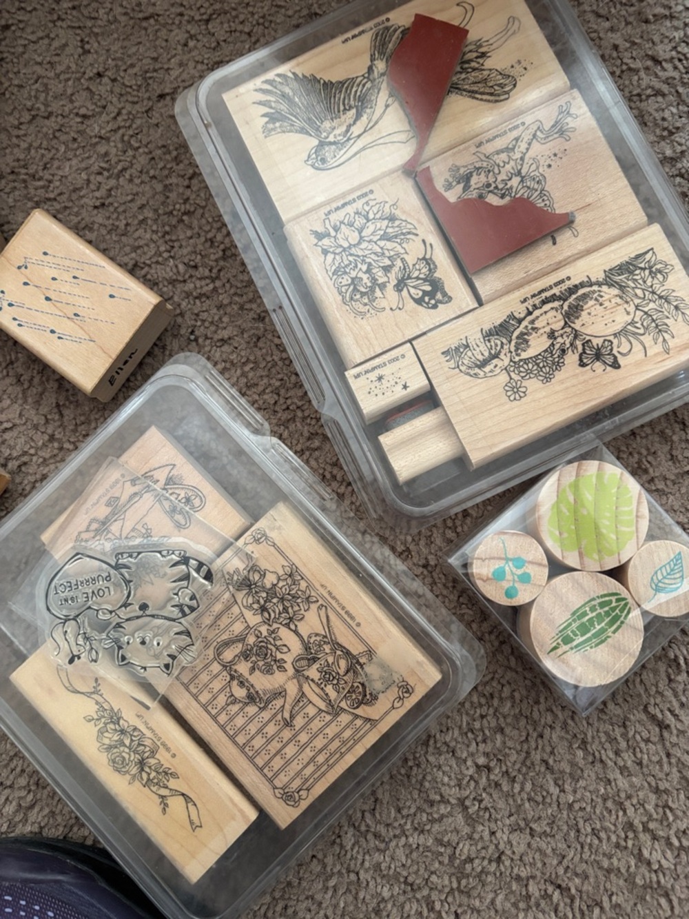 Wooden Rubber Stamp Set - Natural Wood & Green Accent